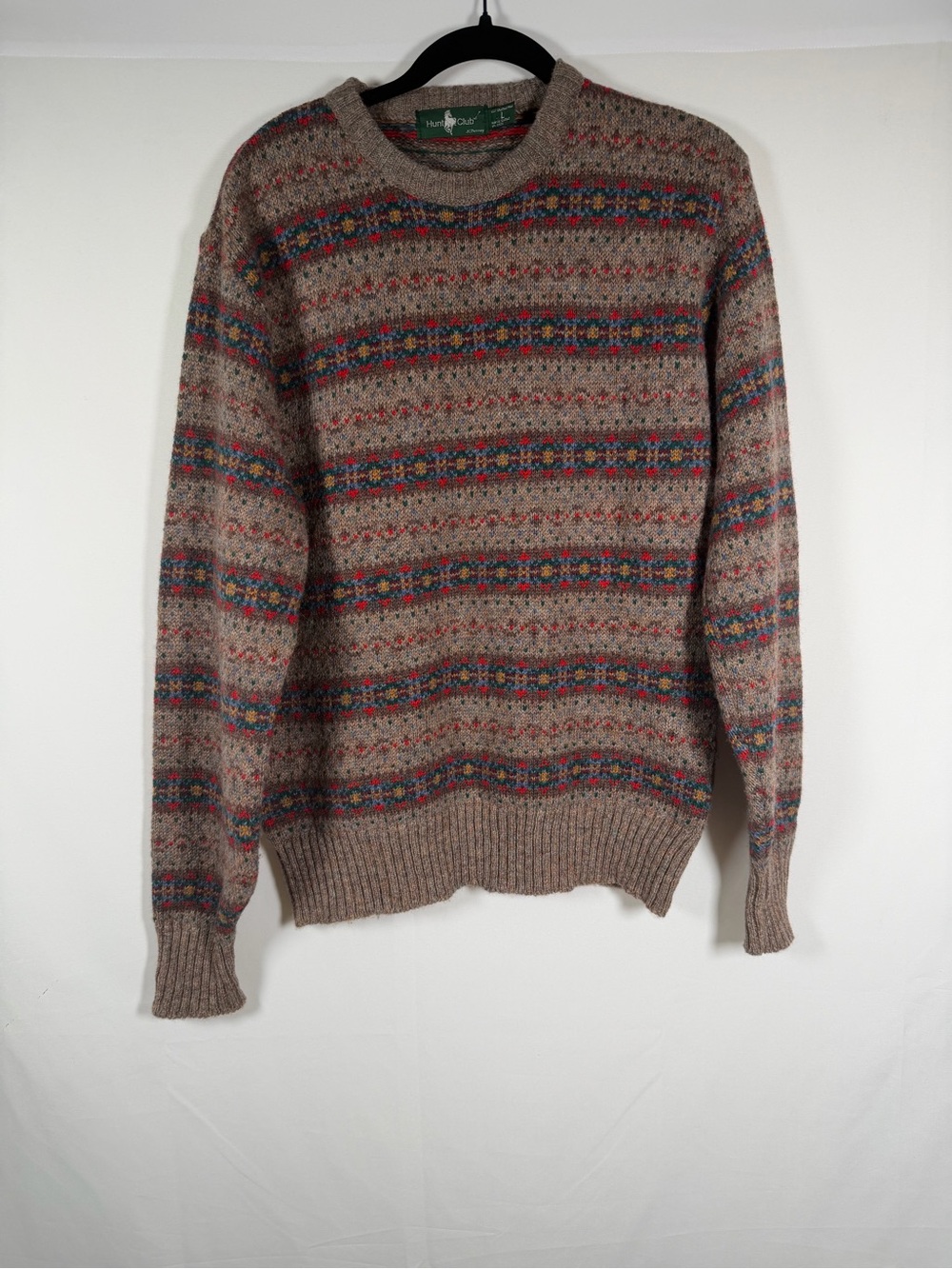 Beige Fair Isle Crewneck Sweater 100% Shetland Wool - Oversized, Grandpa